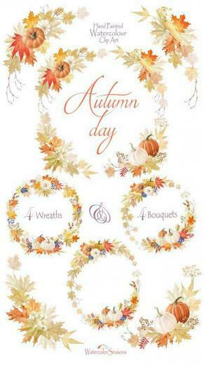 Watercolor Fall Clipart Autumn Wreaths Arrangements Pumpkins And