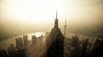 Shanghai Buildings Skyscrapers Sunlight Sepia Wallpaper Background