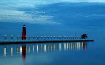 Lake Michigan Night Lighthouse Reflection Sky Wallpaper