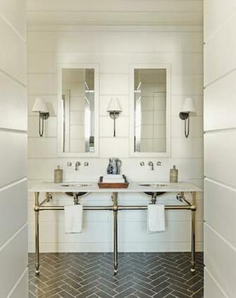 Gray Herringbone Brick Floor Tiles Transitional Bathroom