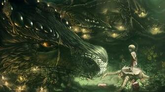 Wallpaper Dragon Girl Forest Art Full HD
