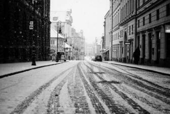 City Road Snow Street Buildings Houses People Cars Tracks Winter Black