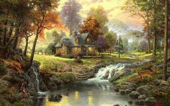 Waterfall Painting Wallpaper Wide HD