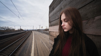 Sad Girl Railway Track On Back Laptop Full HD 1080p 4k Wallpaper Image