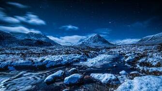 Wallpaper Night Sky Stars Mountains Stream Snow Winter