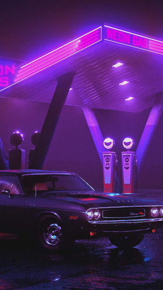 Neon Gas Station Dodge Challenger iPhone Wallpaper