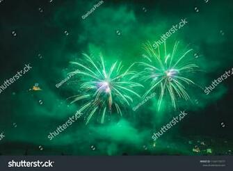 Wonderful Couple Of Green Fireworks On The Feast Patron