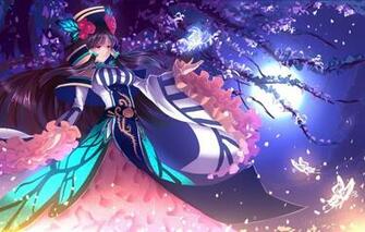 Wallpaper The Sky Girl Trees Butterfly Flowers Moon