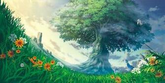 Anime Landscape Girl Tree Flowers Grass Worm Wallpaper