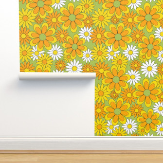 70s Flower Power Green Orange And Yellow Wallpaper Spoonflower