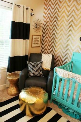 Gold Stenciled Accent Wall In A Nursery Using The Ikat Zig Zag