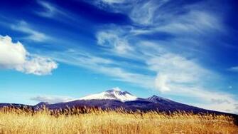 Nature Landscape Mountains Clouds Snowy Peak Field