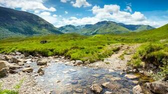 Scotland Nature Scenery Mountains Grass Stream Rocks Water Valley