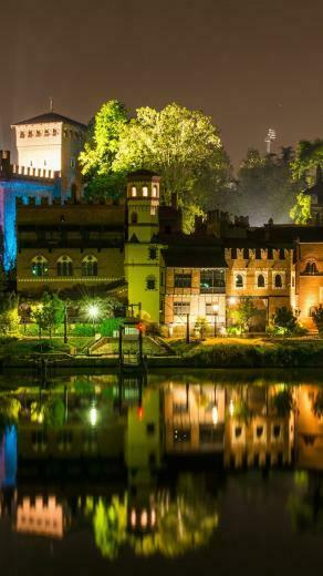 Wallpaper Italy Turin Night River Houses Lights UHD
