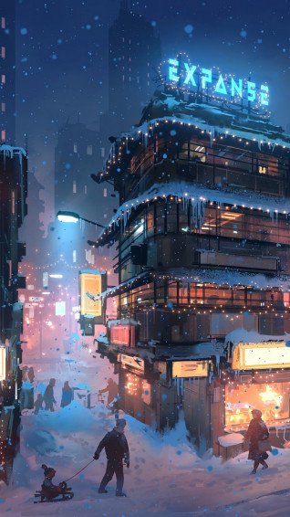 City Winter Digital Art Mobile Wallpaper Snow People