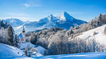 Wallpaper Germany Bayern Church Trees Mountains Snow Winter