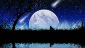 Stars Cats Moon Outdoors Pond Shooting Star Tree Wallpaper