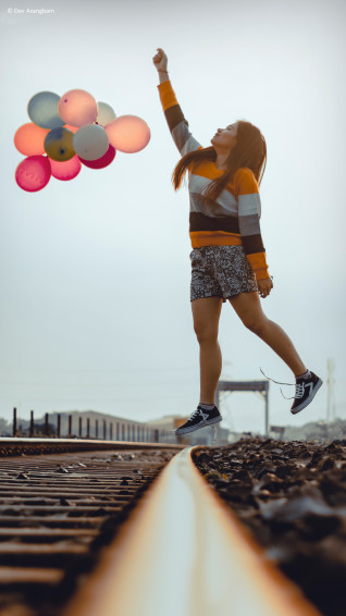 Happy Girl Jumping Balloons Train Track Photography 4k Ultra HD