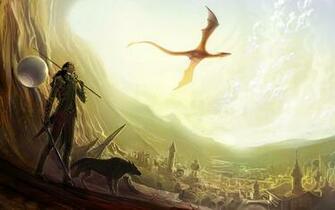 Dragon Elf Wolf Gun Sword Buildings City Flight River
