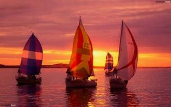 Four Sailing Ships While The Sunset HD Wallpaper