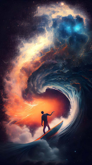 A Man Standing On Top Of Surfboard In Front Giant Wave Wallpaper