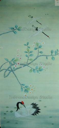 Chinoiserie Handpainted Silk Wallpaper Cranes Alight