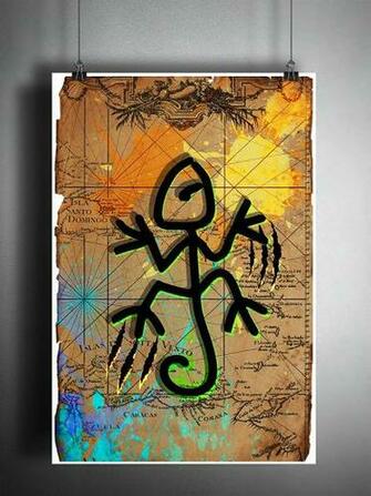 Amazon Taino Lizard Gecko Petroglyph Art On Old Map Of