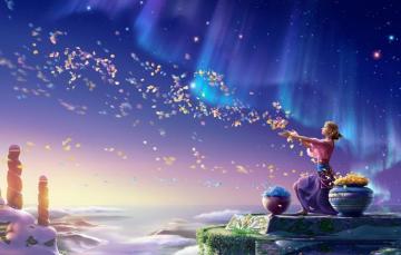 Wallpaper The Sky Girl Flowers Northern Lights Petals Art
