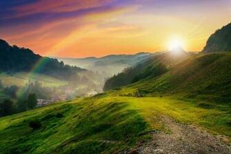 Mountains Trees Meadow Sun Rays Nature Lawn