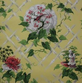 S Vintage Wallpaper Chinoiserie Bonsai Lotus Bamboo On Yellow