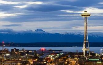 Wallpaper Seattle Tower Evening Mountains Desktop