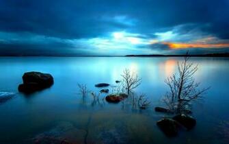 Water Iron Stones Distance Horizon Sky Clouds Dawn Sunset