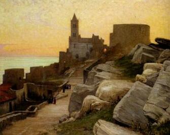 Mediterranean Village At Sunset Russian Art Wallpaper Image