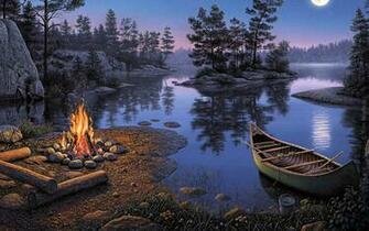 Lake Boat Trees Camp Fire Dark Wallpaper