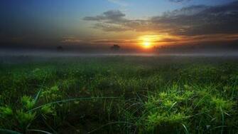 Sunrise Clouds Fog Grass Field Desktop Wallpaper