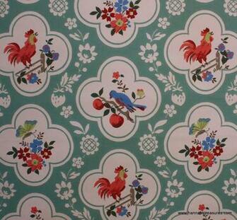 S Vintage Wallpaper Red And Aqua With Birds Cherries Roosters