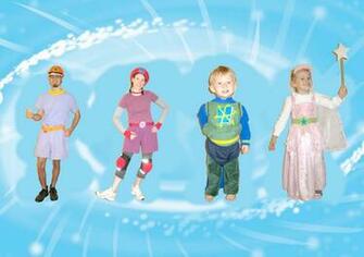 Family Dressed As Super Why Characters Over Background