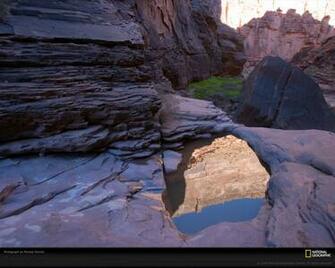 Pool Of Rainwater In A Grand Canyon Boulder Reflects And
