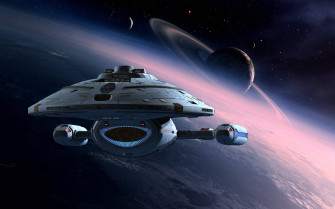 Star Trek Starship Uss Voyager Towards Saturn Wallpaper