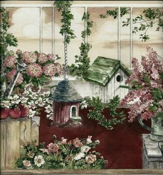 Birdhouses Watering Cans Apples And Flowers Wallpaper Border