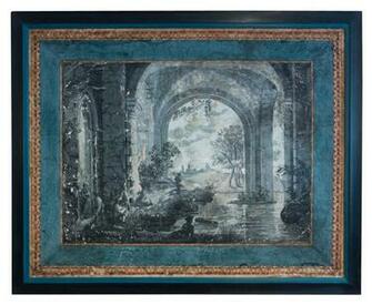 Framed Antique Scenic Wallpaper Panel Fragment Art Shop Rubbish