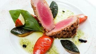 Wallpaper Tuna Steak Fish Vegetables Peppers Eggplant