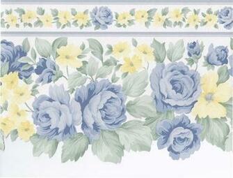 Blue Yellow White Roses Wallpaper Border Kitchen Bathroom