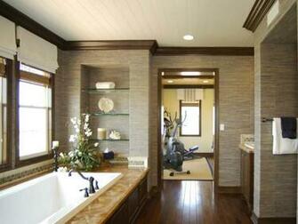 Earthy Bathroom With Textured Wallpaper Punctuated