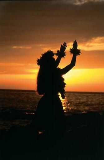 Silhouette Of Hula Dancer Girl Against Sunset Background