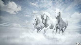 Beautiful Three White Horses Running Into Water Wallpaper