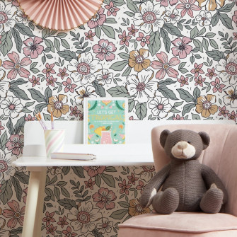 Gorgeous Gardinea Wallpaper In Sage Green And Pink On White I