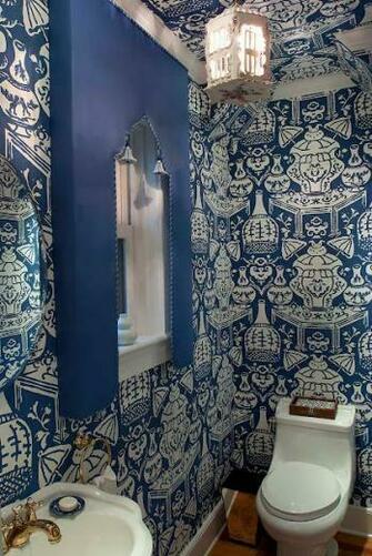 Modern Take On Chinoiserie Style Wallpaper In Indigo Blue And White