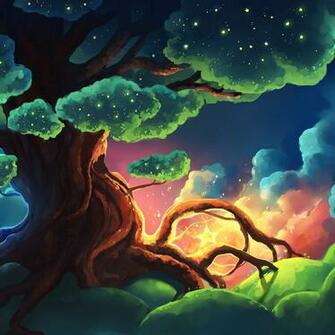 Wallpaper Tree Stars Glow Night Art iPad