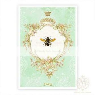 French Bee Print Mint Green Damask Wallpaper Gold Crown Pink Roses